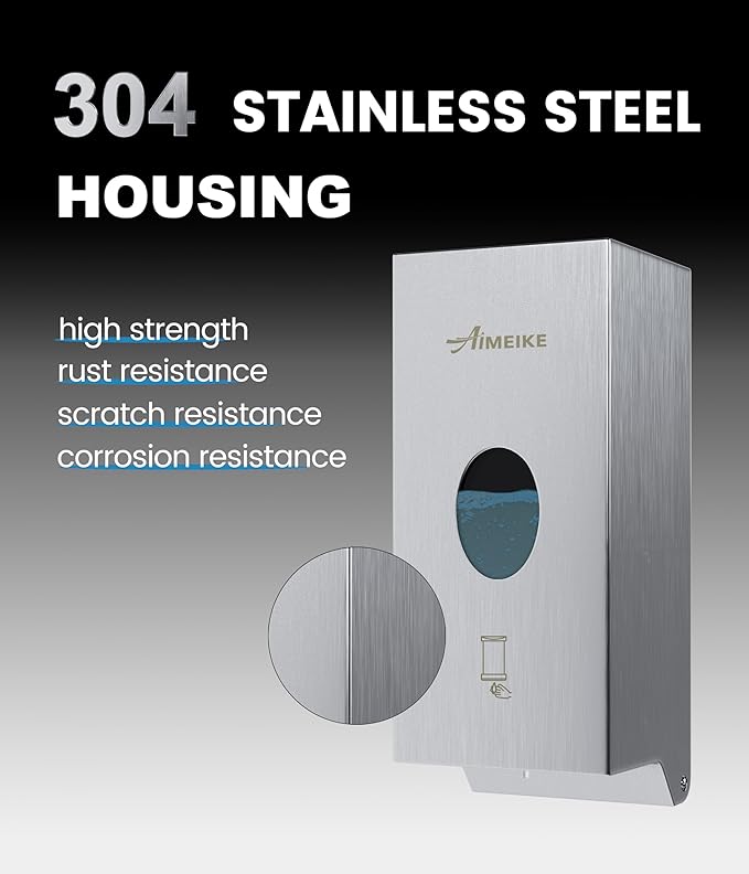 Commercial Automatic Wall-Mount Soap Dispenser, Stainless Steel | Touchless 800 mL dispenser with stainless steel exterior, oval window and keyed lock; requires 6 AA batteries, not included.