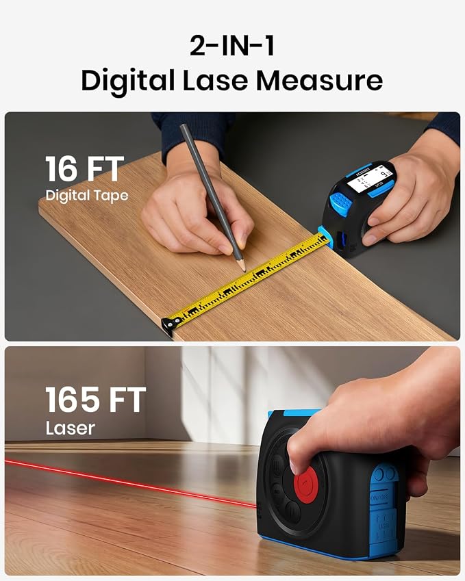 ACEGMET 3-in-1 Digital Tape Measure, 130ft Laser Distance Meter and 16ft Auto-Lock Measuring Tape, Smart App Sync for Floor Planning, ±1/16" High Precision, 2" Backlit LCD, USB-C Rechargeable, IP54