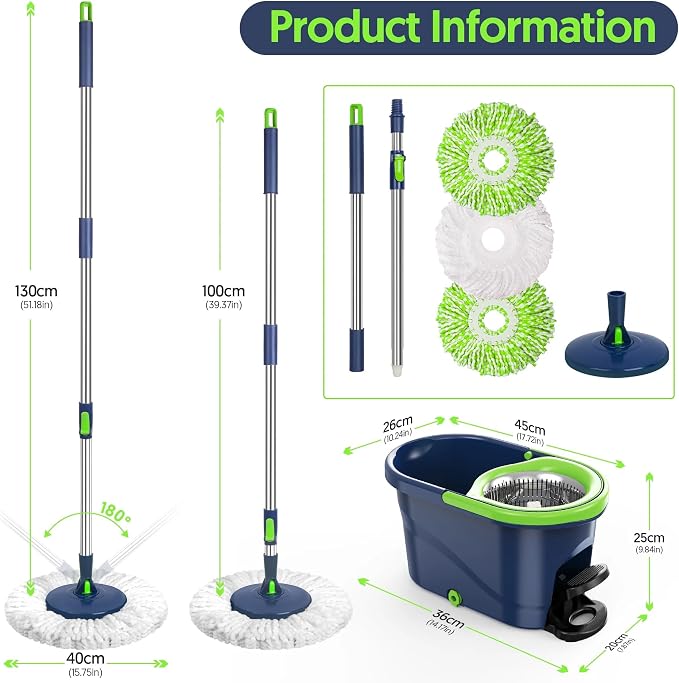 Spin Mop and Bucket with Wringer Set, 360° Rotating Microfiber Mop, Adjustable Handle, Hands-Free Wringing, Reusable Mop Heads (Green mop and Bucket + 3 mop Head)