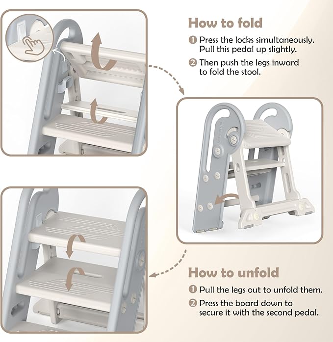 Onasti Adjustable Toddler Step Stool with Handles, Converts from 3-Step to 2-Step as Kids Grow, Non-Slip Safety Stool for Bathroom Sink, Kitchen Counter, Potty Training and Everyday Household Use-Grey