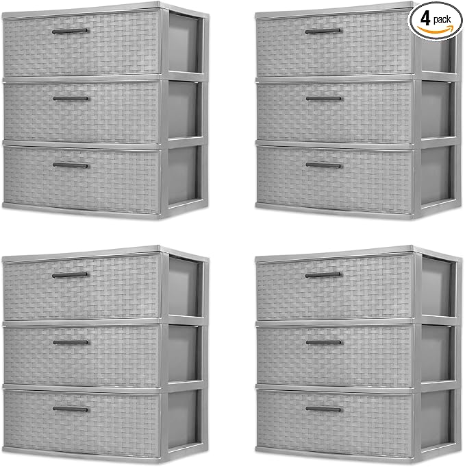 Sterilite 4 Pack 3 Drawer Wide Storage Tower, Weave Organizer, Cement | Lightweight Opaque Home Organization Container for Bedrooms, Closets, or Bathrooms