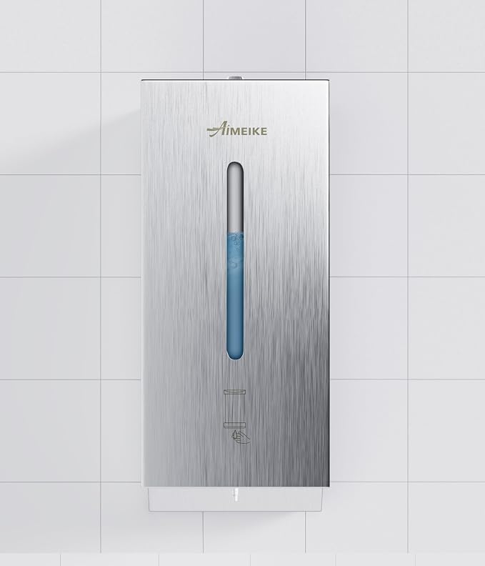 Commercial Automatic Wall-Mount Soap Dispenser, Stainless Steel | Touchless 800 mL commercial dispenser with stainless steel exterior, vertical window, keyed lock and 6 AA battery power.