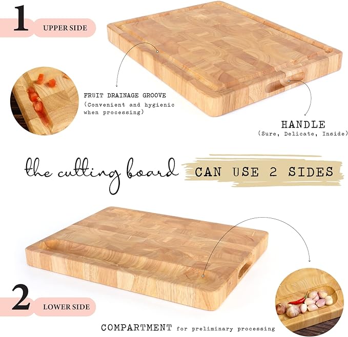 End Grain Cutting Board, Extra Large & Thick, End Grain Built-In Compartment and Juice Canal, Heavy Duty Chopping Board, Thick Carving Board for Bread Fruits Meat (17x13 Inches)