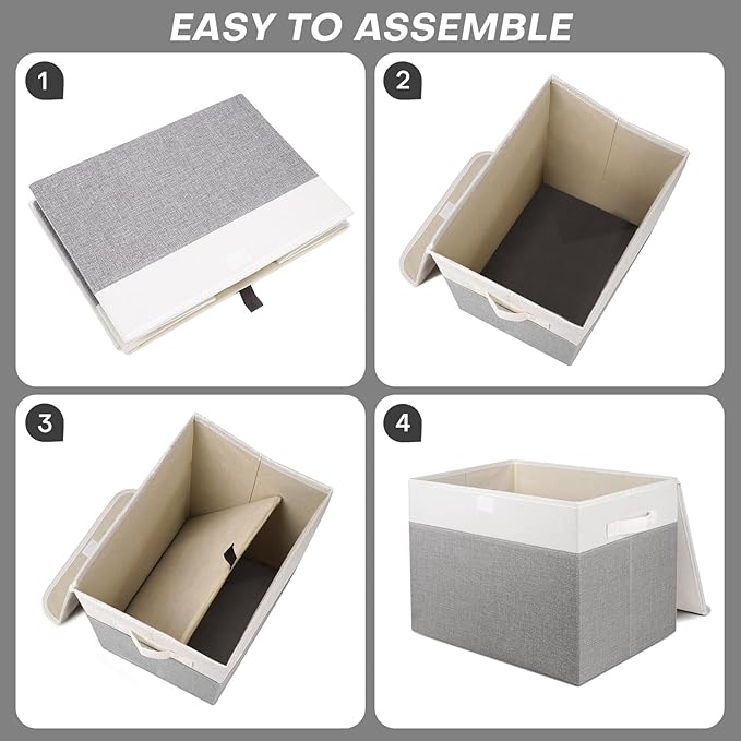 Bagnizer Large 17" 42 Quarts Collapsible Stackable Storage Bins with Lids [3-Pack] Foldable Fabric Linen Storage Boxes Cube, Closet Organizer Baskets with Label (16.7 x 12 x 12, Gray & White)