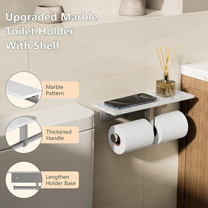 Marble Toilet Paper Holder with Shelf,Doulble Bathroom Tissue Roll Holder,304 Stainless Steel Toilet Paper Holder Wall Mounted,Modern Tissue Holder for Bathroom Washroom,Brushed Nickel