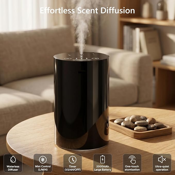 VOCOlinc Waterless Diffuser for Essential Oil Starter Kit with 10mL Hotel Scent Fragrance Oil, Battery Operated Nebulizer, Mini Scent Air Machine, 3 Timers & 3 Mist Levels for Home, Room, Car, Office