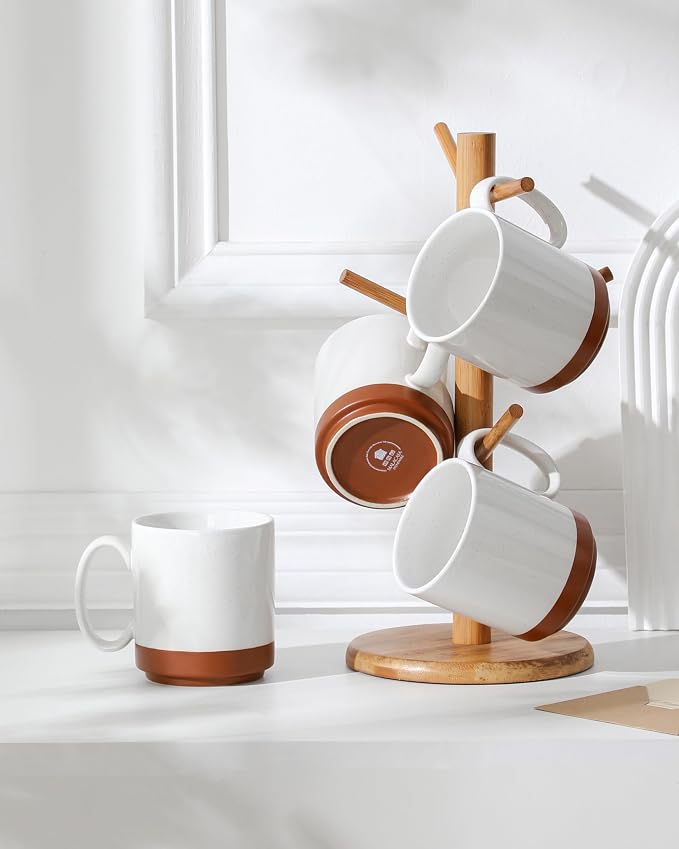 MALACASA 16oz Ceramic Coffee Mugs Set of 4, Stackable Coffee Cups with Straight-Sided Design, Mugs for Coffee, Latte, Tea, Hot Chocolate, Cappuccino and Cocoa, Microwave & Dishwasher Safe, Khaki White