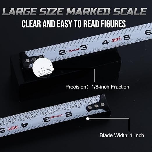 LICHAMP Tape Measure 25 ft with Magnetic, 6 Pack Bulk Easy Read Chrome Measuring Tape Retractable with Fractions 1/8, Measurement Tapes 25-Foot by 1-Inch, Round