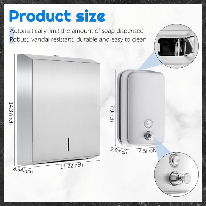 2 Pcs Commercial Soap Dispenser and Paper Towel Dispenser Set with Lock-Stainless Steel,Wall Mount,Large Capacity Manual Liquid Pump Rust Proof Leak Free for Home Bathroom (1000 ml,Style 1)