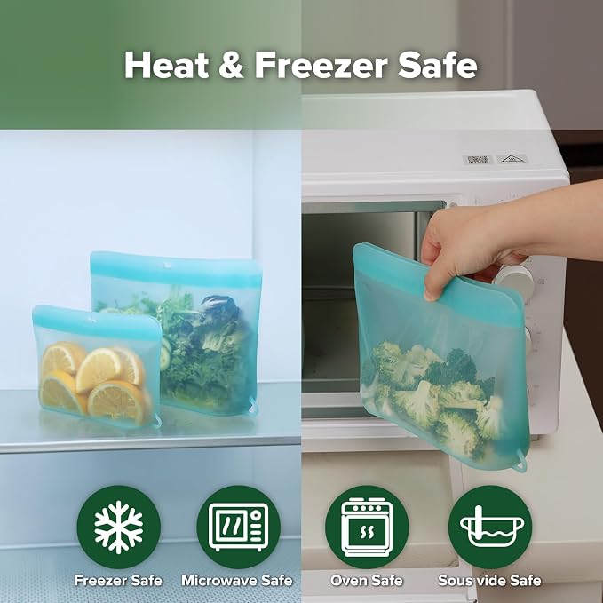 Haakaa Dot Seal Reusable Silicone Food Storage Bags, 2 Pack- Silicone Leakproof Freezer & Sandwich Snack Bags, BPA Free Food Containers, Microwave & Dishwasher Safe, Turquoise (50oz+16oz）