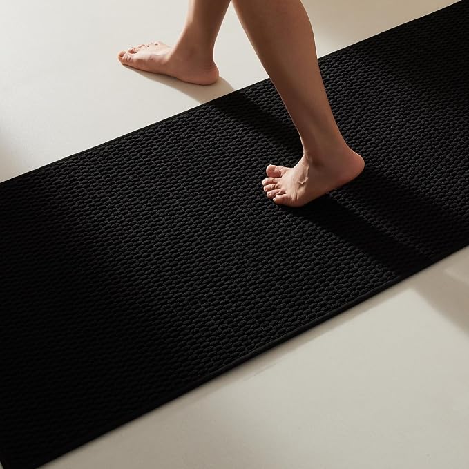 TYUU Black Bathroom Runner Rug, Long Bath Mat Washable Thin Quick Dry Low Pile Bathroom Runner Rugs 24 x 60 Non Slip, Black 24''x60''
