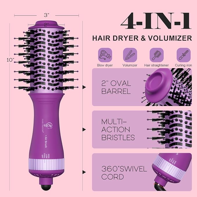 Dual Voltage Travel Hair Dryer Brush | Mini Hot Air Brush Styler & Dryer, Hair Trends Nano Titanium 2 Inch Oval Shape Volumizer, Europe Travel Essentials for Women
