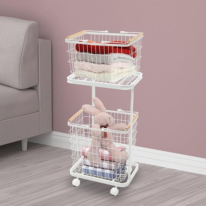 2 Tier Laundry Basket, Removable Metal Wire Laundry Cart with 4 Universal Wheels Rolling Laundry Basket Floor Standing Clothing Garment Sorting Hamper Organizer Load Bearing Capacity 88.18 lbs (White)