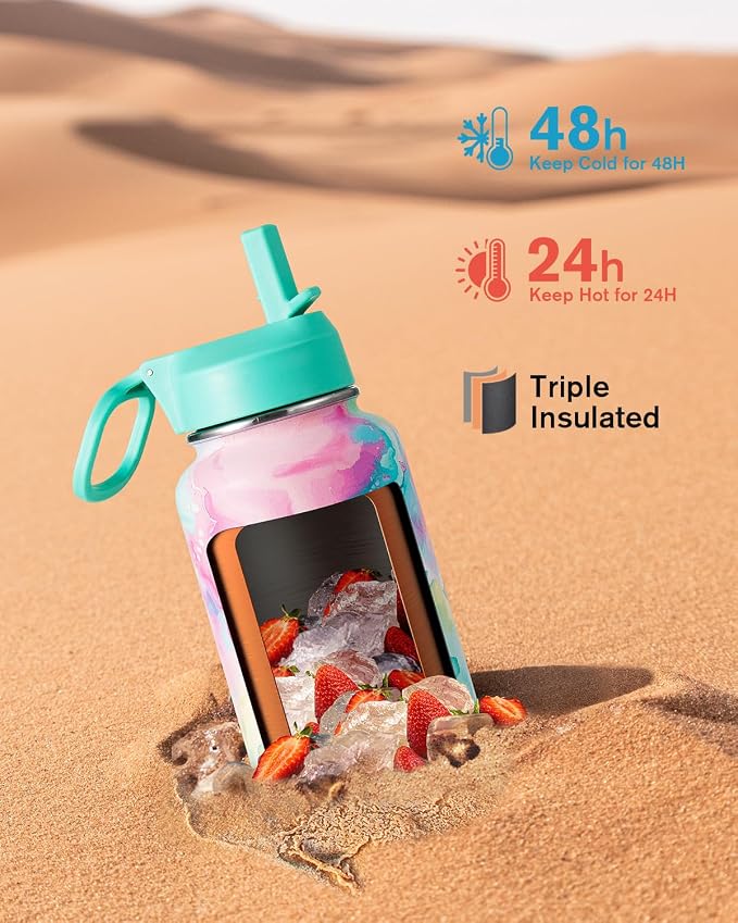 Coolflask Water Bottle Insulated with Straw & 3 Lids, 32 oz Water Jug Large Metal Stainless Steel Wide Mouth for Sports, Gym or Office, Non-BPA Keep Cold 48H Hot 24H, Pastel Sorbet