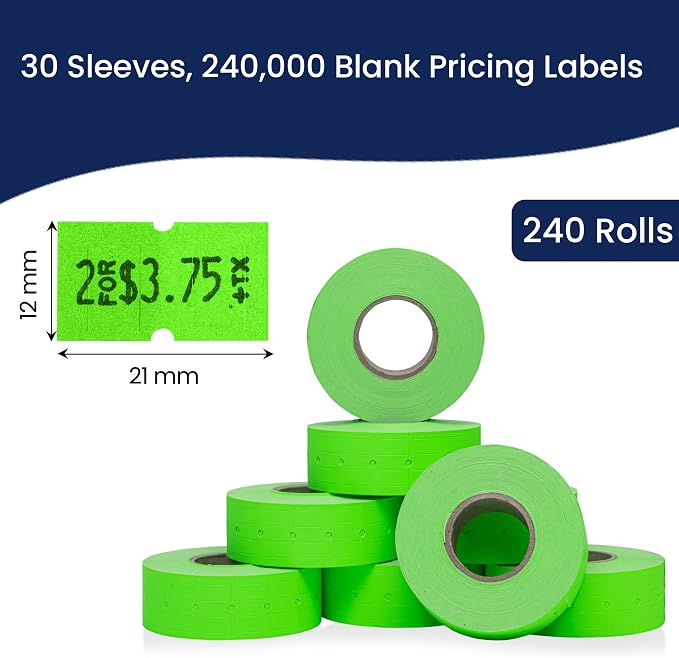 Perco 1 Line Fluorescent Green Labels - 240,000 Blank Pricing Labels for Perco Lite, X, Plus and Pro 1 Line Price and Date Guns - 240 Rolls, Case of 30 Sleeves - Made in USA