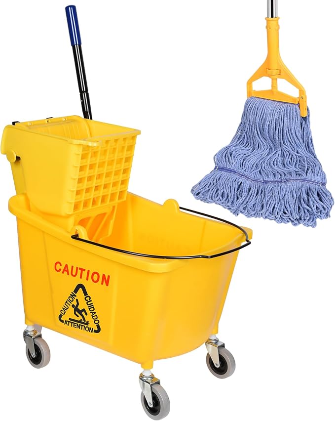 Side Press Wringer Combo Commercial Mop Bucket on Wheels, Including 1 Set Commercial Mop Handle with 1 Pack Blue Mop Heads, 35 Quart, Yellow Bucket