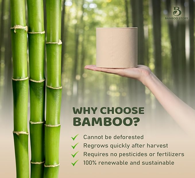 Bamboo Story, Bamboo Toilet Paper Unbleached, 12 Rolls, 3 Ply and 300 Sheets Bamboo Toilet Tissue - FSC Certified, Biodegradable, Chemical Free, Plastic Free, BPA Free, Septic Safe Toilet Paper