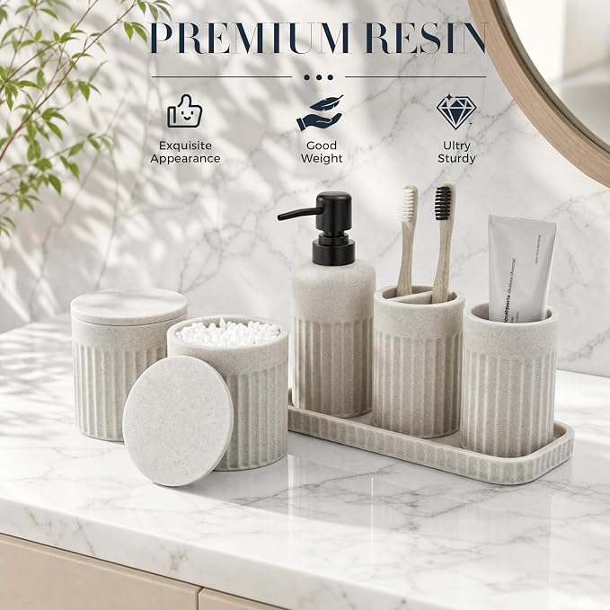 INIUNIK Bathroom Accessory Set, 6 Pieces, Beige | Resin, Bathroom Accessories Set, with Soap Dispenser Set, Toothbrush Holders, Tumbler, Vanity Tray & 2 Qtip Holder
