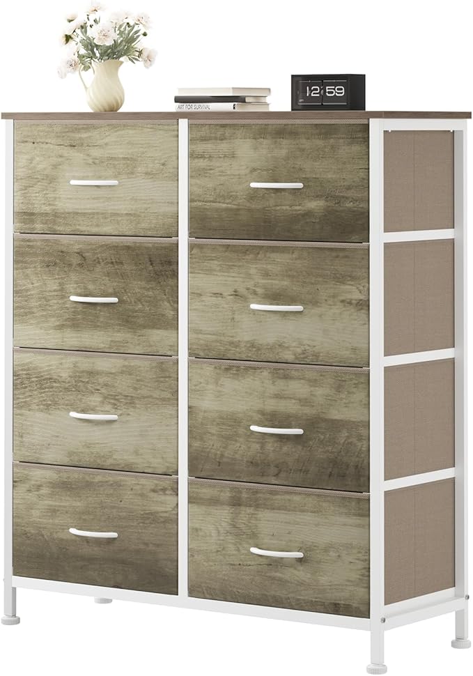 OLIXIS 8 Drawer Storage Dresser with Wood Top - Wide Fabric Chest Organizer for Bedroom, Closet, Living Room,Tower Cabinet, TV Stand, Hallway Entryway Furniture,Oak Greige
