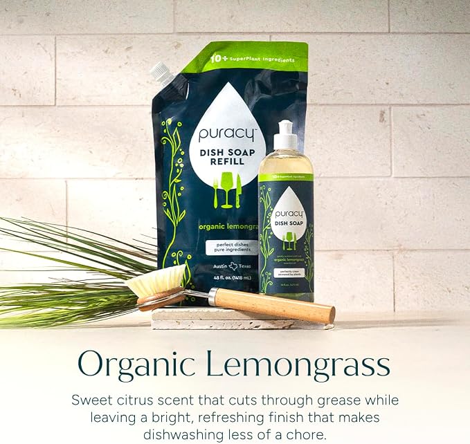 Puracy Natural Dish Soap Packs - Skin-Softening Plant-Based Dishwashing Soap, Non-Toxic Dish Soap, Organic Liquid Dishwashing Detergent Soap (Organic Lemongrass, 16 fl oz, 3 Pack)