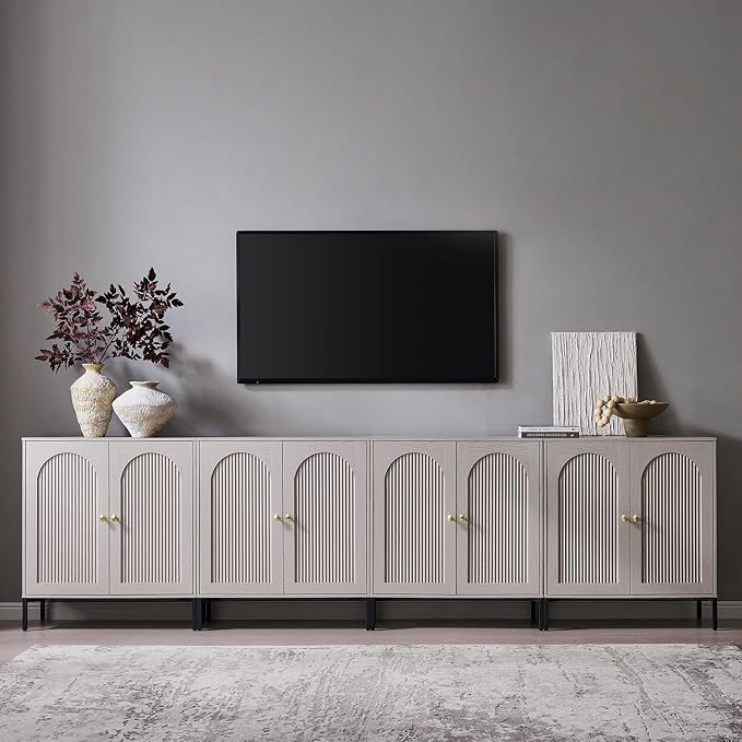 IFGET 123.5"W Modern Arch Sideboard Buffet Cabinet with Storage, Light Grey | Fluted Arched Sideboard Cabinet w/Adjustable Shelves, Wood Modular Kitchen Cabinet for Dining& Living Room, Kitchen, Entryway
