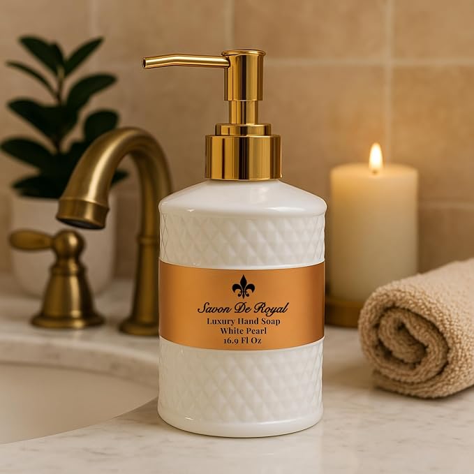 Savon De Royal Luxury Liquid Hand Soap, Musk - Vanilla Scent, Moisturizing Vegan Kitchen & Bathroom Soap for Hand Wash, Gentle & Nourishing Formula, Refillable Bottle 16.9 Fl Oz, White Pearl
