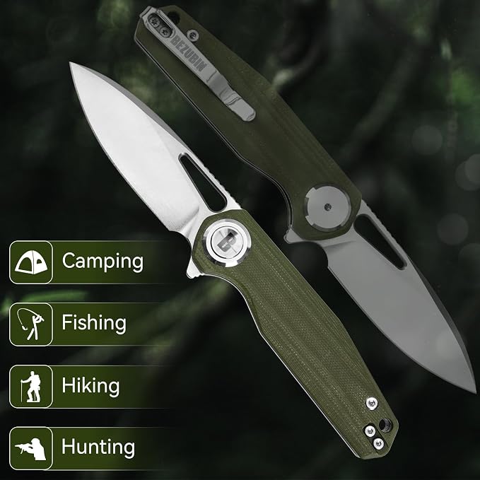 Pocket Folding Knife,3.15" D2 Steel Blade,Green G10 Handle,Push Button Lever Lock,Pocket Knife with Pocket Clip for Outdoor,Survival,EDC