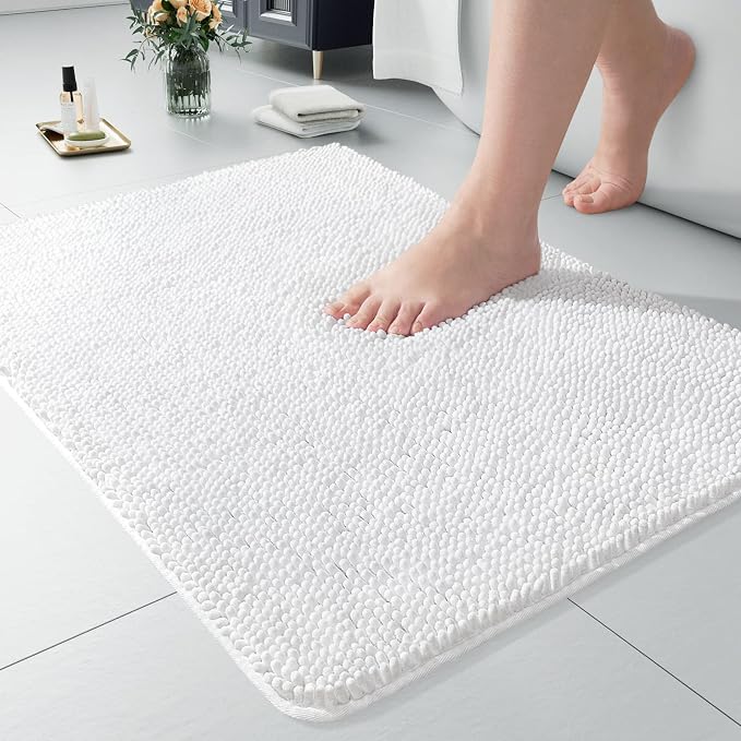 LOCHAS Luxury Bathroom Rug Shaggy Bath Mat 24 x 17 Inch, White | Washable Non Slip Bath Rugs for Bathroom Shower, Soft Plush Chenille Absorbent Carpets
