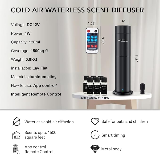 Hotel Waterless Scent Diffuser with 6 Fragrance Oils Covers up to 700 Sq Ft | Cold air scent diffuser with APP control, 6 fragrance oils, open bottle design, quiet operation, and 700 sq ft coverage.