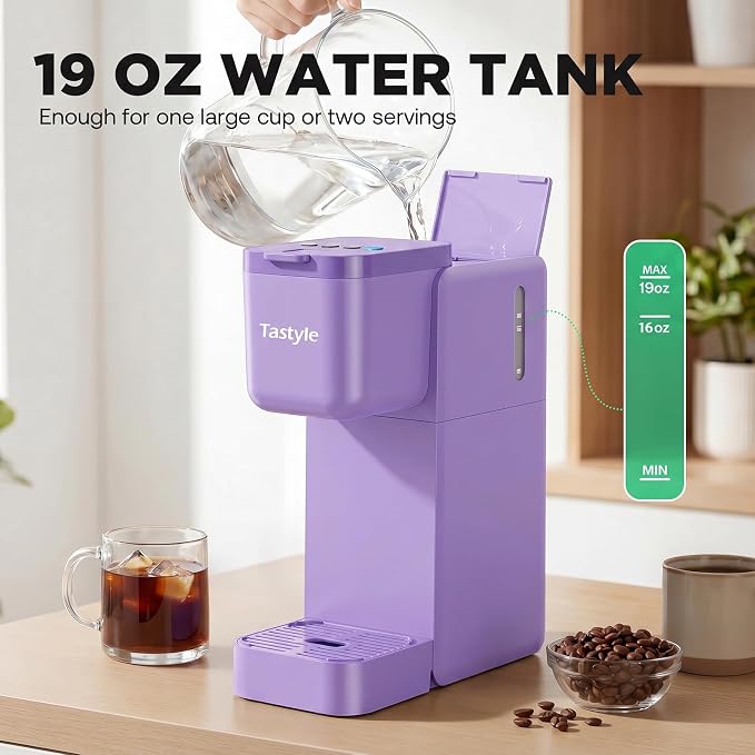 Tastyle Single Serve Coffee Maker Hot and Iced with Bold Brew, Up to 16 Oz | for K Cup and Ground, Fits 7.3'' Travel Mug, 5 Cup Sizes, Compact for Office, RV& Hotel, K320, 3.0 Version, Purple