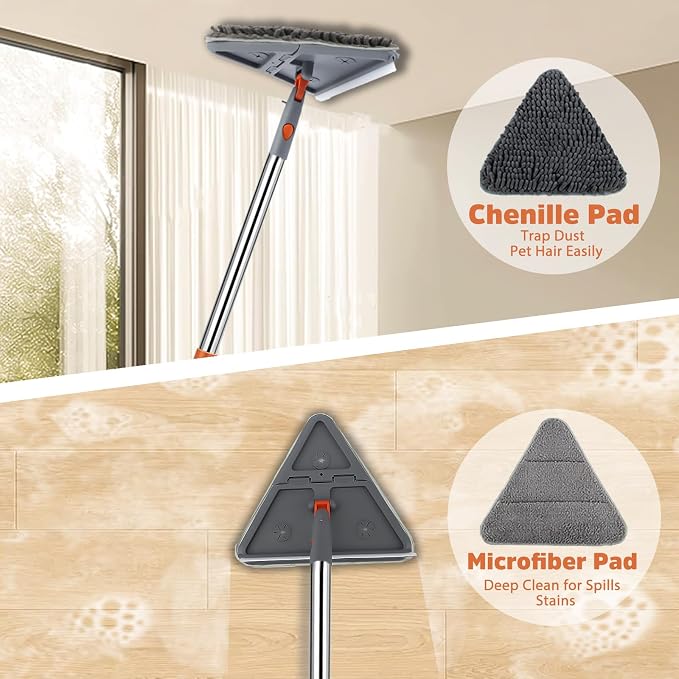 UIMO Wall Cleaner Mop with 94" Long Handle, Triangle Head Scrubber | 2-in-1 Triangle & Rectangle Head with Squeegee, 10 Washable Pads for Walls, Ceilings, Windows, Glass and Hard-to-Reach Areas