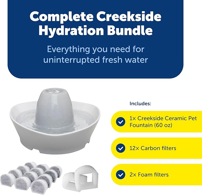 PetSafe Creekside Ceramic Pet Fountain, 60 Oz, Extra Filters | 60 Oz Capacity, Whisper-Quiet Flow, Includes 12 Extra Carbon & 2 Extra Foam Filters, Dishwasher Safe, Cats & Small Dogs