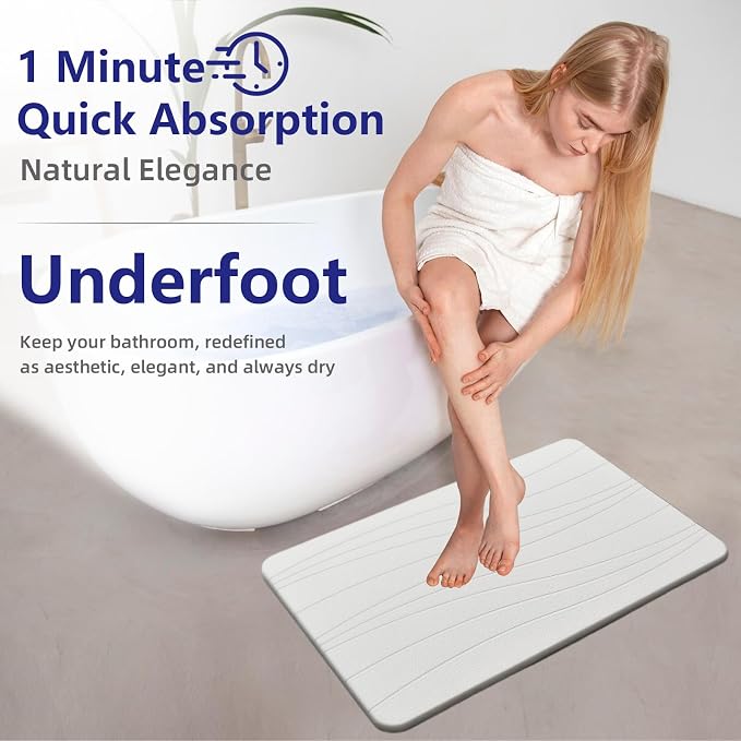 Fast Drying Stone Bath Mats for Bathroom, Non-Slip Diatomaceous Earth Bath Mat, Super Absorbent Bath Mat Stone (23.6''×15.4" White Flow)