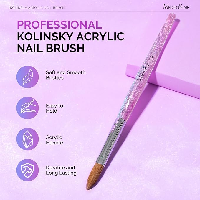 MelodySusie Kolinsky Acrylic Nail Brush,66% Kolinsky Hair Professional Nail Art Brush for Acrylic Application, Aurora Collection Fine Glitter Brush, Purple, Size 10