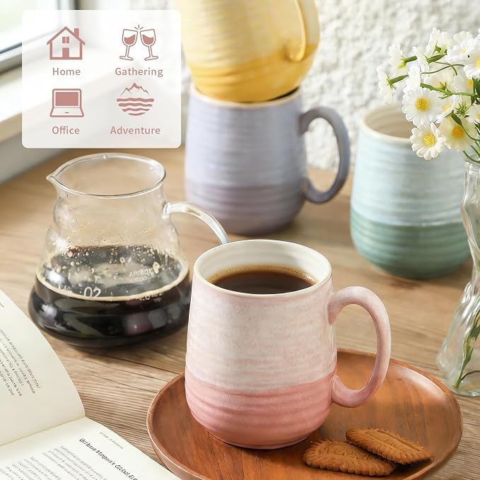 HASENSE Porcelain Coffee Mugs Set of 4, 12 Oz Two-Tone Reactive Glaze Coffee Cups with Handle, Unique Colorful Mug Set for Coffee, Tea, Coco, Latte, Dishwasher and Microwave Safe