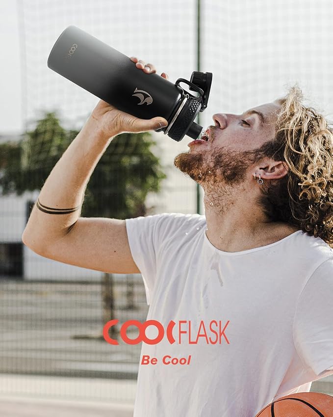 Coolflask Water Bottle 24 oz Insulated with Straw, Stainless Steel Metal 3 Lids Water Flask Wide Mouth for Sports or Office, Non-BPA Keep Cold Up to 48 Hrs or Hot Up to 24 Hrs, Piano Night