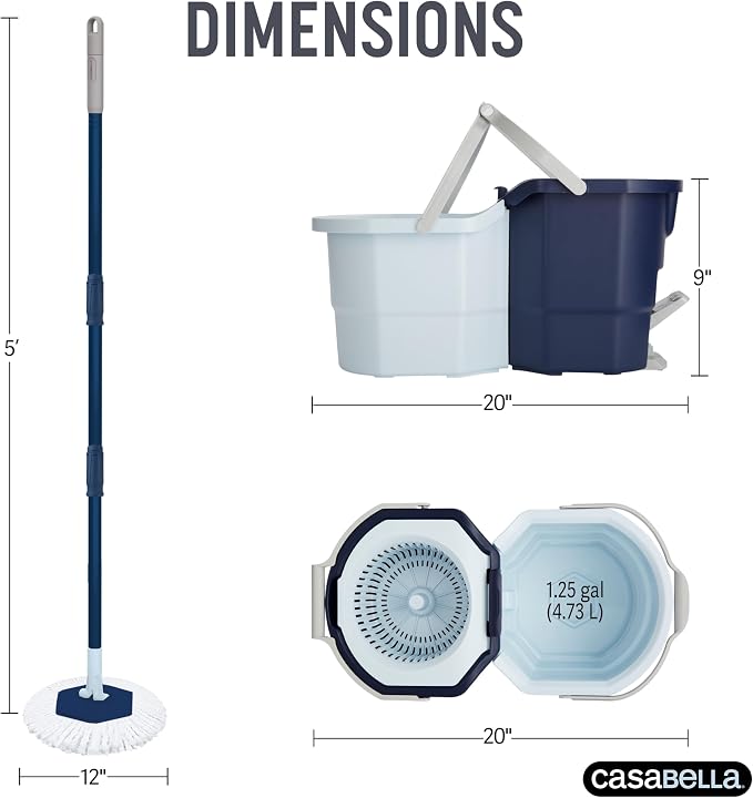 Casabella Clean Water Microfiber Spin Mop with 2-Bucket System, Antibacterial Spin Mop and Mopping Bucket Set, Blue/White