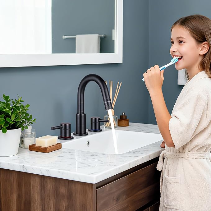 Oil Rubbed Bronze Bathroom Faucet 3 Hole with Pull Out Sprayer, Bathroom Sink Faucet with Pop Up Drain, 8 inch Widespread Faucet with 360° Swivel Spout, 2 Handle Vanity Faucet