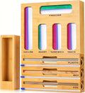 LDQ 9-in-1 Shatterproof Square Bamboo Storage Box - Aluminum Foil Dispensr with Cutter, Reusable Quarter Multi-Functional Sealed Bag Organizer for Kitchen Drawers, Walls, and Cabinetse