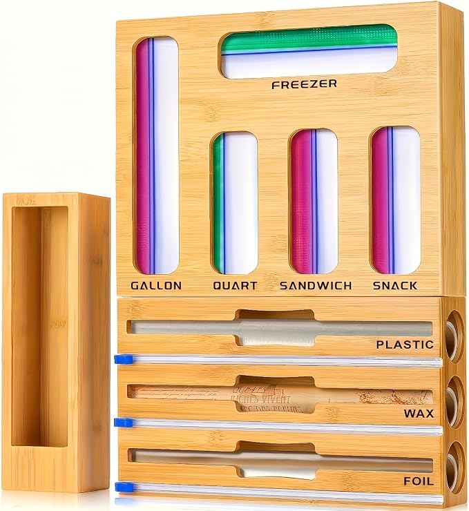 LDQ 9-in-1 Shatterproof Square Bamboo Storage Box - Aluminum Foil Dispensr with Cutter, Reusable Quarter Multi-Functional Sealed Bag Organizer for Kitchen Drawers, Walls, and Cabinetse