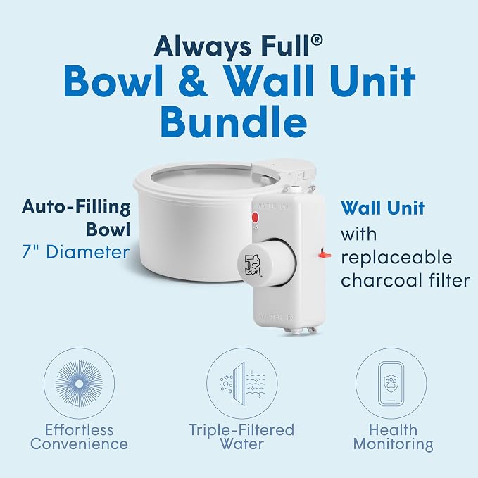 Always Full® 7" Self-Refilling Cat Water Bowl with Wall Unit | Self-refilling filtered water with app-enabled hydration monitoring; easily upgradeable to the Always Full® Wall Unit.