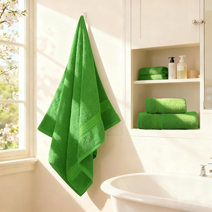 COZYART Luxury Bath Towel Set 6 Pcs Kelly Green 100% Turkish Cotton 650 GSM | OEKO-Tex 100 Certified Zero Twist Ring Spun, Soft Absorbent Quick Dry, Plush Fluffy, Breathable Hotel Quality for Daily Use
