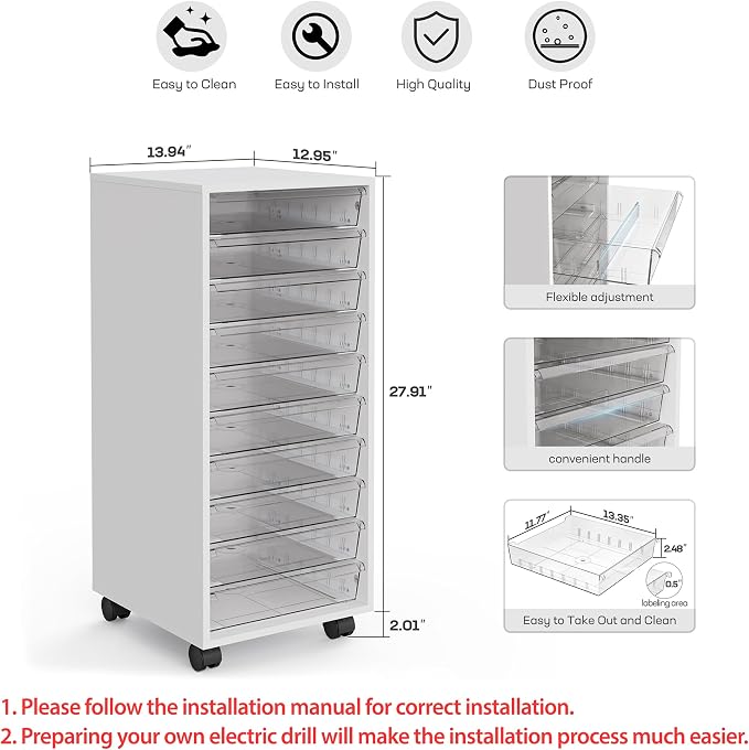 WOPITUES Storage Drawer Cart, Mobile Storage Cabinet, Makeup Storage with 10 Large Clear Drawers, Utility Wooden Rolling Cart on Wheels, for Cosmetic, Art Craft, Office Supplies, Toy, White
