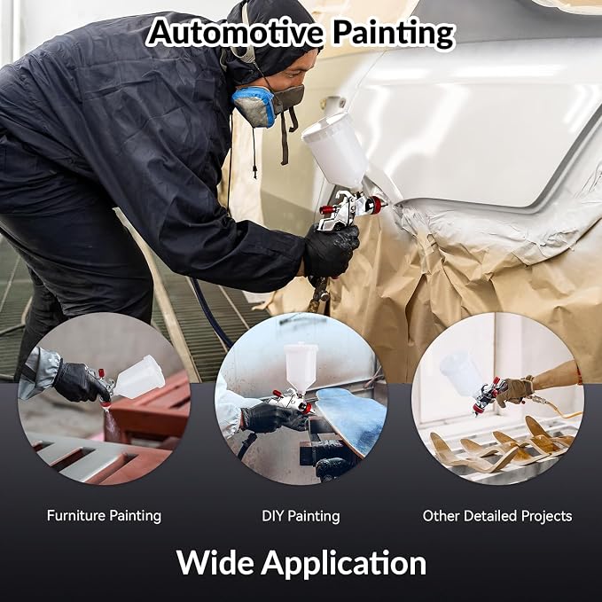 YUZES HVLP Spray Gun Kit, 1.4/1.7/2.0mm Nozzles, Automotive Paint Gun | For Smooth, Even Coverage, 3 Nozzle Sets, 10 Cup Liners, 600ml Mixing Cup, Adjustable Fan & Fluid, Automotive & DIY