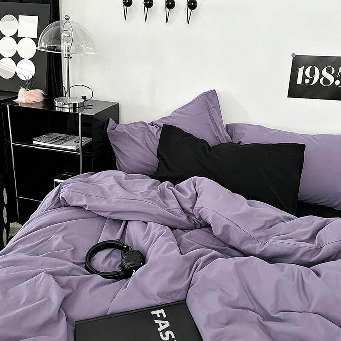 mixinni Solid Purple Duvet Cover Set Queen Size - 100% Washed Cotton 3-Piece Minimalist Bedding Set, Ultra Soft Breathable Solid Color Purple Comforter Cover with Zipper & Corner Ties, King Size
