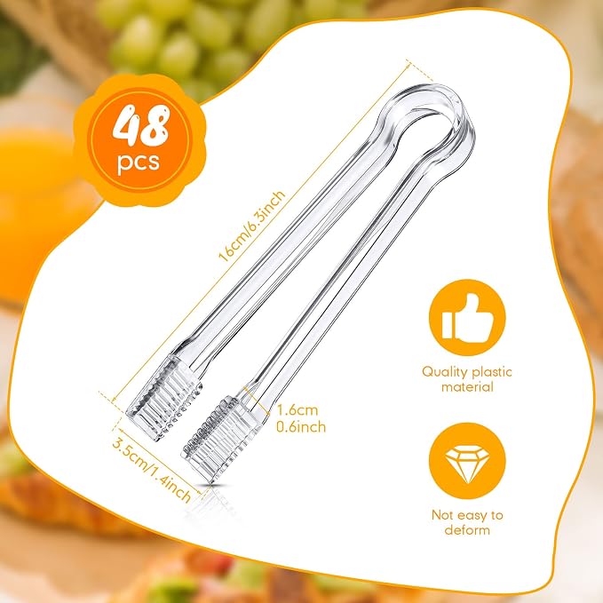 Nuogo 48 Pcs Plastic Buffet Serving Tongs 6.3 Inch One-off Clear Kitchen Tongs Mini Serving Utensils for Food Ice Salad Buffet Barbecue Cookies Tea Coffee Appetizers Party Supplies