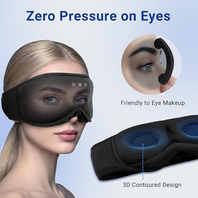 3D Bamboo Cotton Sleep Mask with Bluetooth 5.4 Headphone, Music Wireless Bluetooth Blackout Eye Mask for Side Sleepers, Earphones HD Speaker Microphone for Travel, Gifts for Women Men, Black
