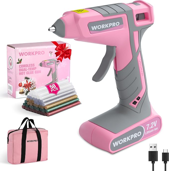 WORKPRO 7.2V Cordless Hot Glue Gun, 30s Fast Preheating, 50 Glue Sticks | Dual-Temp Design with USB-C Charging Provides Flexible Glue Control for DIY, Crafting and Art Projects, Includes Storage Bag