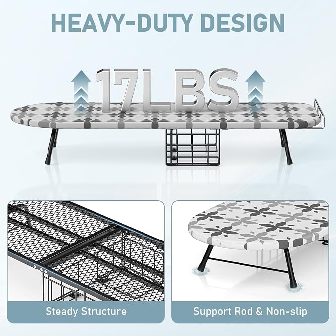 Tabletop Ironing Board with Iron Holder, Foldable Mini Small Iron Board, Iron Rest & Hanger Hook, Heat Dirt Resistant Cover, Portable for Travel Apartment Sewing Laundry