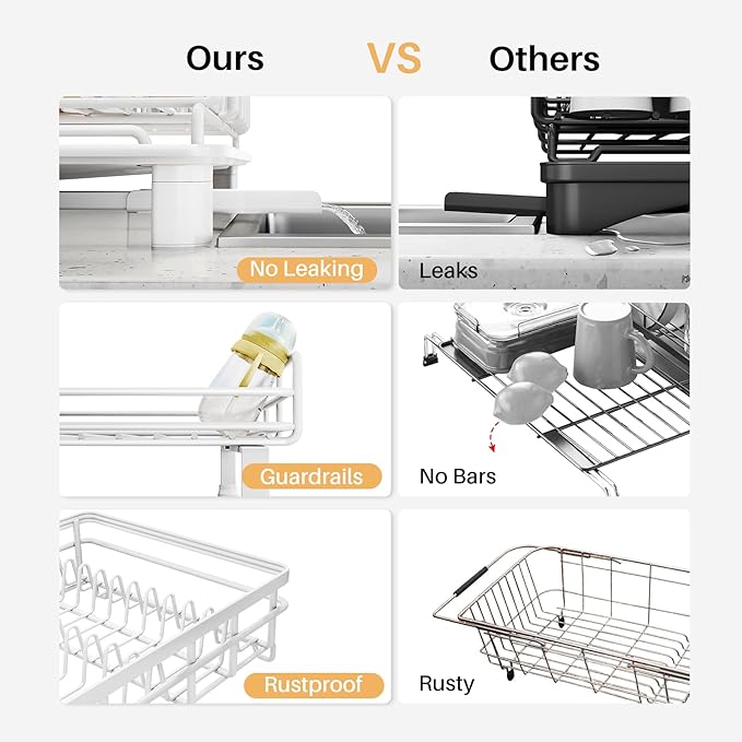 Expandable Dish Drying Rack for Kitchen Counter, Stainless Steel, White | Foldable Over Sink, Large Capacity, Adjust to Fit Most Sinks, Angled Drainboard, Removable Utensil Holder, Slip Resistant
